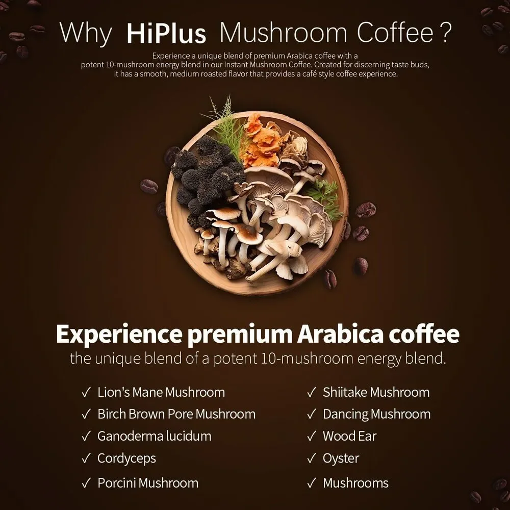 HiPlus Organic 10-in-1 Mushroom Coffee 7.05oz 200g Instant Arabica Lions Mane